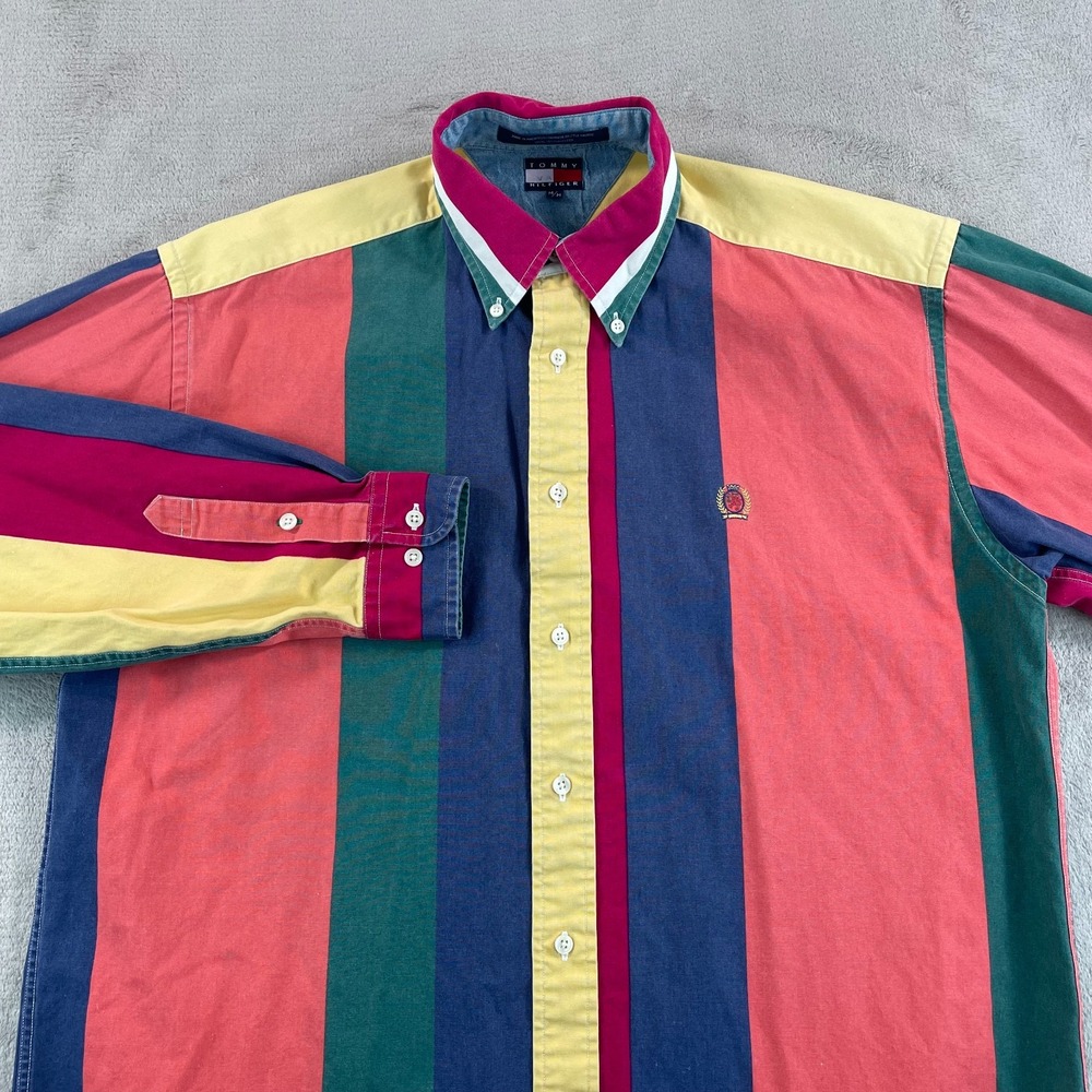 Vintage 90s Tommy‎ Hilfiger Shirt Men Medium Multi Color Block Crest Long Sleeve
